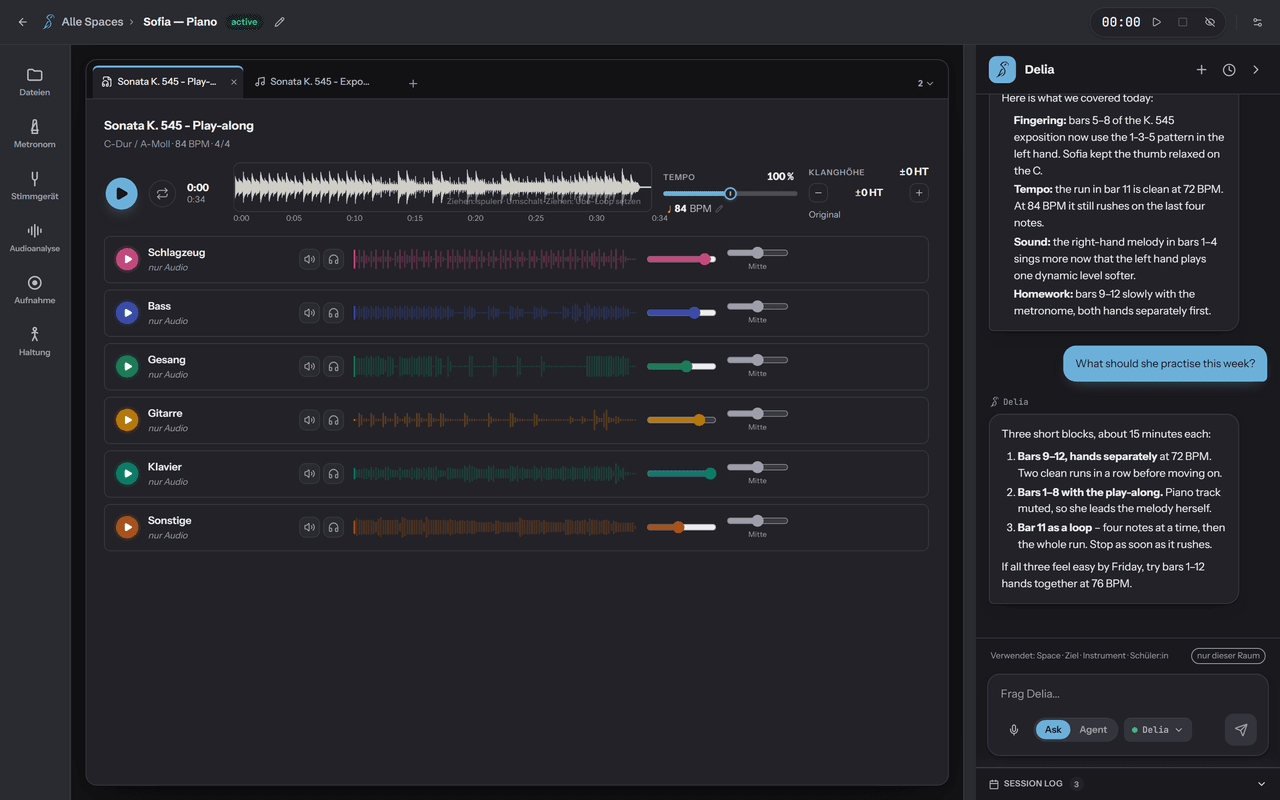 Soundara’s mixer: the separated stems as six rows, each with its own play button, note count, mute, solo, waveform, volume, pan and a button that opens its score, with the assistant’s chat column alongside.