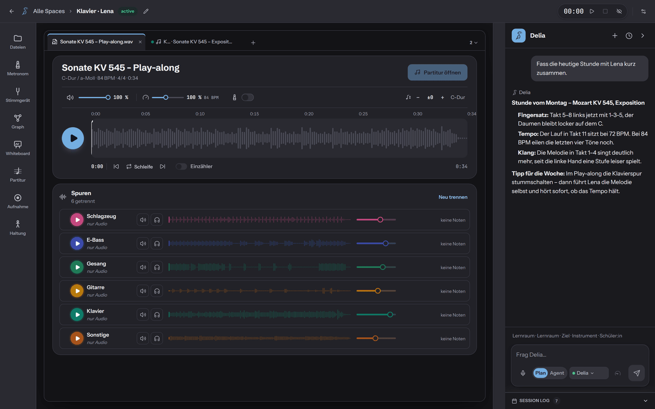 Soundara’s player: a Mozart play-along with volume, tempo, count-in and transpose controls above its waveform, and under it the six separated tracks (drums, bass, vocals, guitar, piano, other), each with play, mute, solo, waveform and volume. Delia’s lesson summary is docked on the right.