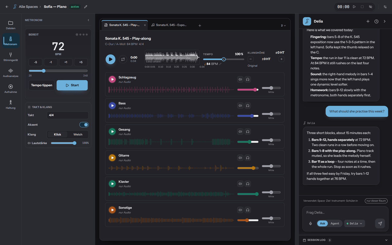 The Soundara window with the metronome open in the tool sidebar: 120 BPM with minus-five to plus-five steps, a tempo slider from 20 to 240, a tap-tempo button and start, and under them the time signature, the accented downbeat and the choice of click sound. The open piece and the dialog that splits it into stems fill the middle of the window, and Delia's chat panel is docked on the right.