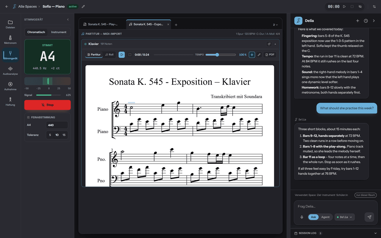 The Soundara window with the tuner open in the tool sidebar: chromatic and instrument modes, the detected note with its cent deviation on a meter, the A4 reference and tolerance settings, and the mixer for the open piece in the middle of the window with Delia's chat panel on the right.