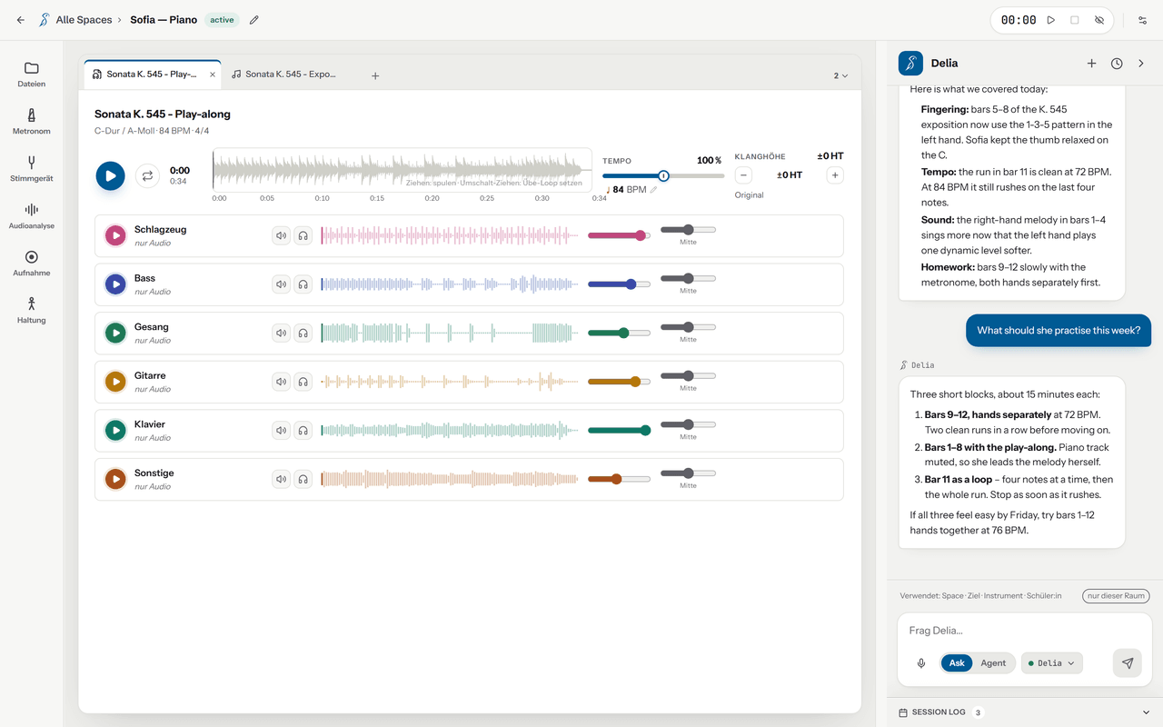 Soundara’s mixer: the separated stems as six rows, each with its own play button, note count, mute, solo, waveform, volume, pan and a button that opens its score, with the assistant’s chat column alongside.