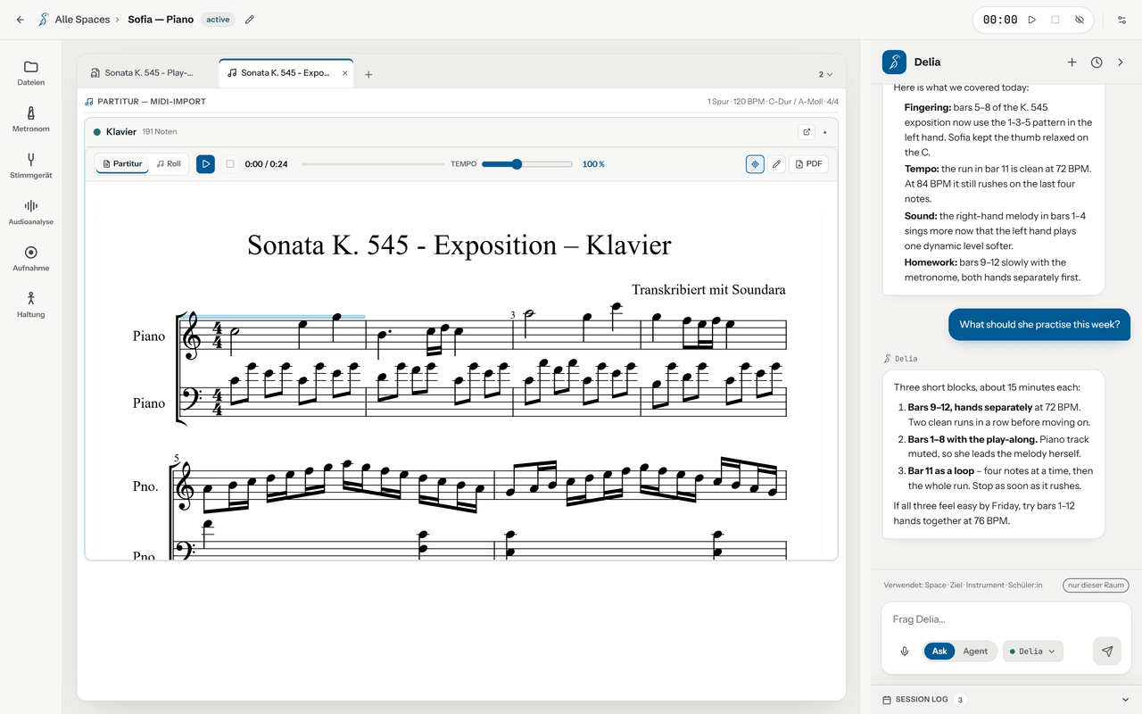 Soundara’s score editor: the drum part engraved as two systems on the page, transcribed from the drum stem, with the track’s other stems listed underneath and the assistant’s chat column alongside.
