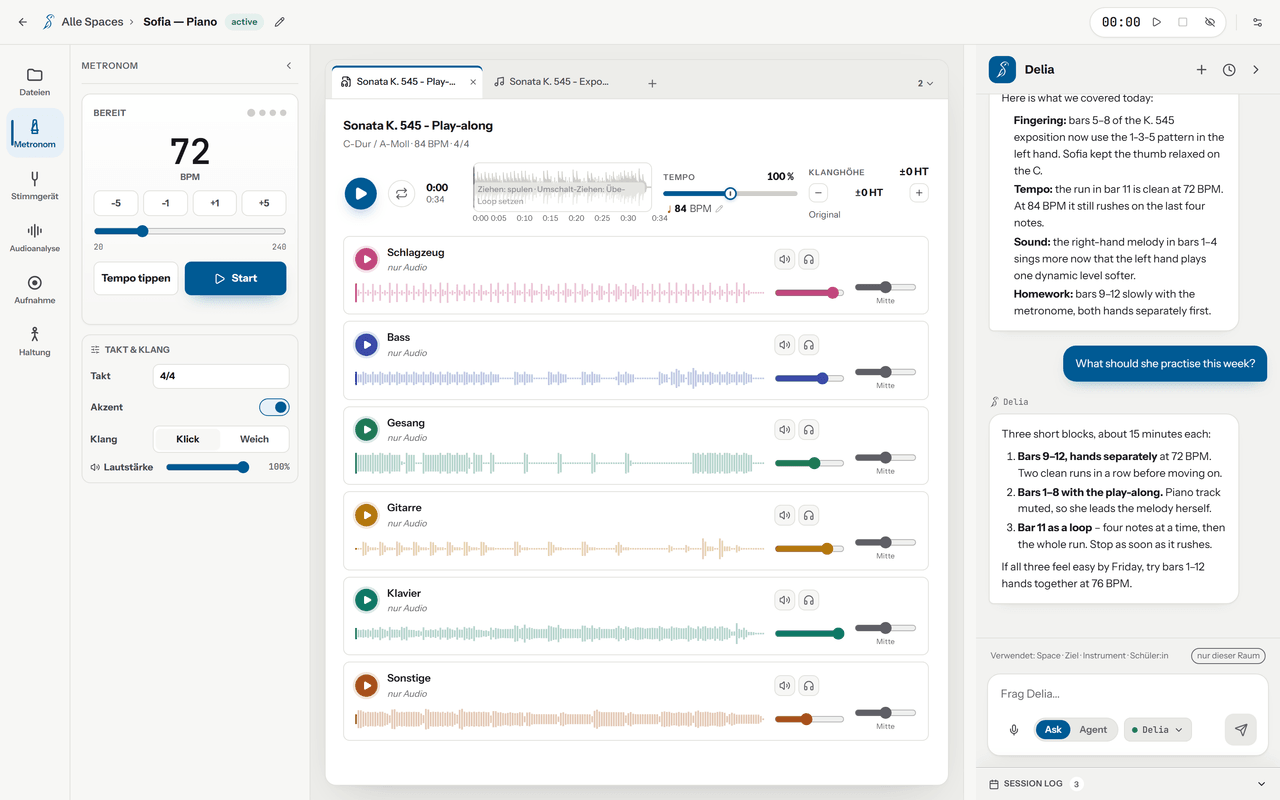 The Soundara window with the metronome open in the tool sidebar: 120 BPM with minus-five to plus-five steps, a tempo slider from 20 to 240, a tap-tempo button and start, and under them the time signature, the accented downbeat and the choice of click sound. The open piece and the dialog that splits it into stems fill the middle of the window, and Delia's chat panel is docked on the right.