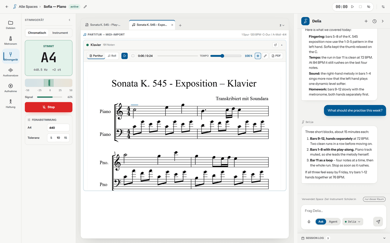 The Soundara window with the tuner open in the tool sidebar: chromatic and instrument modes, the detected note with its cent deviation on a meter, the A4 reference and tolerance settings, and the mixer for the open piece in the middle of the window with Delia's chat panel on the right.